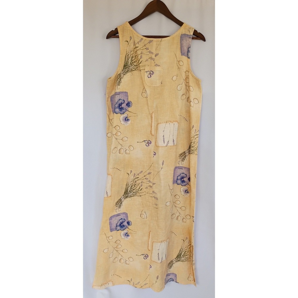 Sweet Jessie Yellow 100% Linen Botanical Print Sleeveless Shift Dress Lavender M - Picture 7 of 8